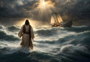 Jesus walking on water biblical conceptual theme. Religious concept. - obrazy, fototapety, plakaty