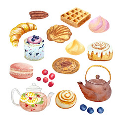 Watercolor teapots and desserts isolated on white