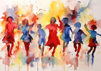 Beautiful watercolor painting of children playing, jumping and running together, in a simple colorful style