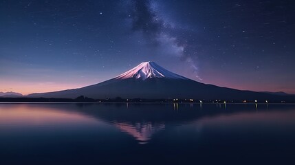 Snowy Mountain reflection at night in the lake  - obrazy, fototapety, plakaty
