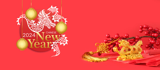 Greeting banner for Chinese New Year 2024 with golden dragon, fan, amulet and berries