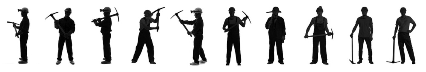 Set of silhouettes of male miners with pick axes on white background