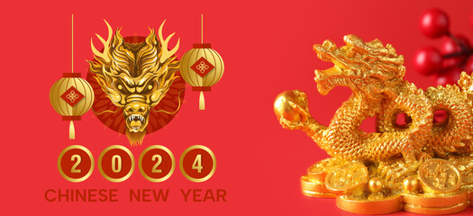 Greeting card for Chinese New Year 2024 with golden dragon