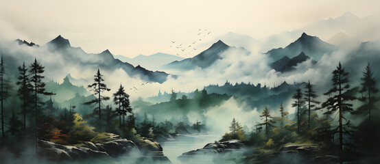 A huge Chinese style landscape painting hangs in the living room Sofas chairs and coffee tables are placed in the living room 5 - obrazy, fototapety, plakaty
