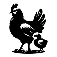 Hen vector silhouette illustration, Chicken with cub vector silhuette