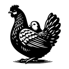 Hen vector silhouette illustration, Chicken with cub vector silhuette