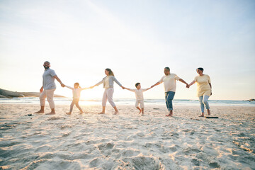 Family, walking and beach with holding hands for love in outdoor on vacation with sunshine. Care, generations and children or parents at ocean for travel in summer with bond, freedom in mockup space.
