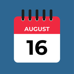 August 16 calendar reminder. 16 August daily calendar icon template. Calendar 16 August icon Design template. Vector illustration