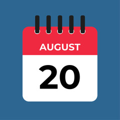 August 20 calendar reminder. 20 August daily calendar icon template. Calendar 20 August icon Design template. Vector illustration