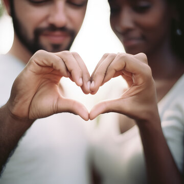 Close up detail of couple's hand making heart shape, diversity concept, black and white couple.