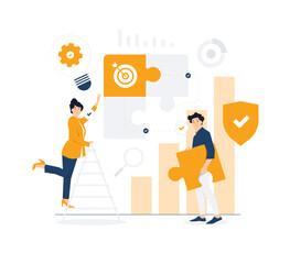 Collaboration, partnership, searching for creative solutions, people connecting and putting together a piece of puzzle , teamwork business concept illustration