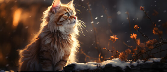 A cat quietly looks up and waits for the photo in the forest snow at sunset 3 - obrazy, fototapety, plakaty