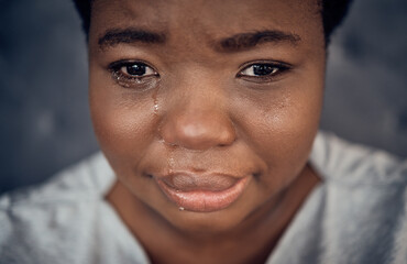 Sad, crying and black woman with depression, anxiety and financial crisis. Tears, stress and...