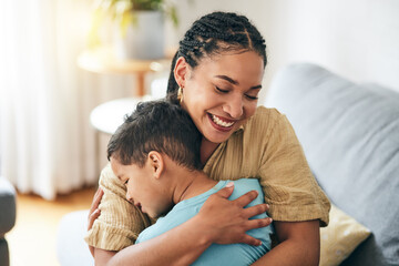 Home, hug and happy family mom, kid and bonding, support and love for young son on lounge couch. Smile, connect and hugging mama, child or people enjoy quality time together for Mothers Day care