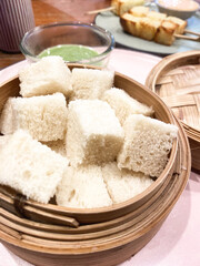 Slice steam steamed bread and pandan custard, Thai dessert