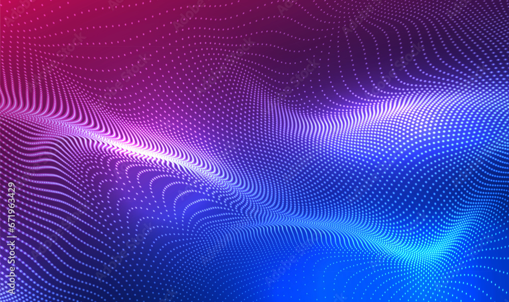 Poster abstract waving particle technology background. 3d wave point fractal science futuristic audio visua