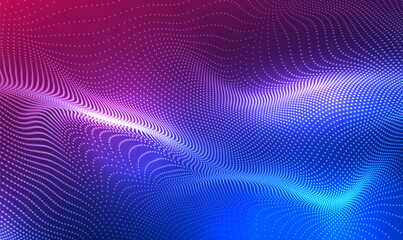 Abstract Waving Particle Technology Background. 3d wave point fractal science futuristic audio visualization. Hi-tech and big data. Digital technology and science for brochures, card, banner. Vector.