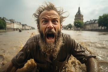 Man's Shocking Reaction in City Flood - obrazy, fototapety, plakaty