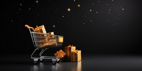 Shopping cart with cardboard boxes banner background, online stores concept. Cyber Monday, black Friday and Christmas sale concept. Generative AI - obrazy, fototapety, plakaty