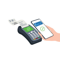mobile payment via smartphone. Hand holds mobile phone to do contactless payment and POS terminal. Concept illustration in flat style for smart wallet.
