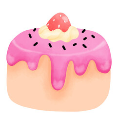 Pink cake with strawberries on the side at a party