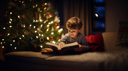 The boy reading under the Christmas tree, Generative Ai