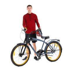 Obraz premium Young man with modern bicycle on white background