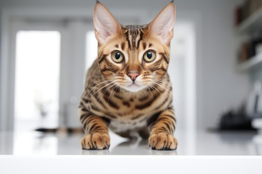 Photo of a curious Bengal cat in a pouncing pose on a clean white countertop. Generative AI