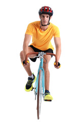 Young man in helmet riding modern bicycle on white background