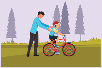 Happy Parents with his child riding bike together. Outdoor leisure activities concept. Colored flat vector illustration isolated.