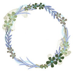 Blue violet green flower wreath frame borders with splatters of alcohol ink and glitter