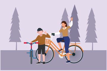 Happy Parents with her child riding bike together. Outdoor leisure activities concept. Colored flat vector illustration isolated.