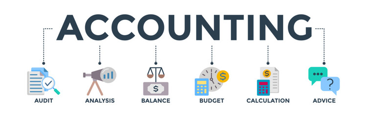 Accounting banner web icon vector illustration concept for business and finance with an icon of the audit, analysis, balance, budget, calculation, and advice