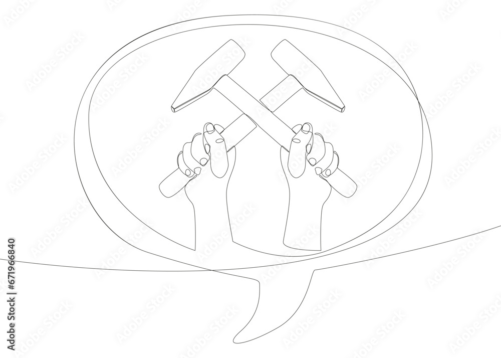 Poster one continuous line of speech bubble with hammer. thin line illustration tool vector concept. contou
