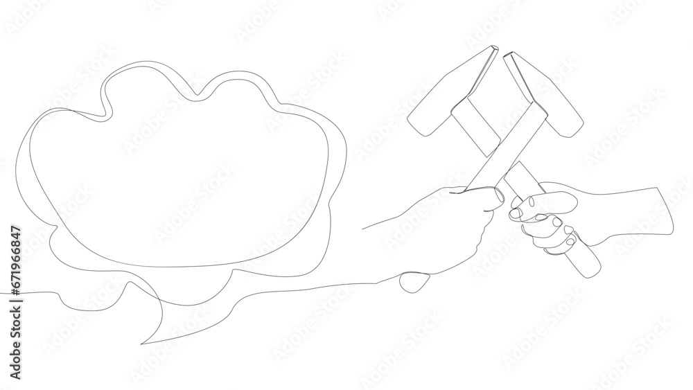 Aufkleber one continuous line of speech bubble with hammer. thin line illustration tool vector concept. contou