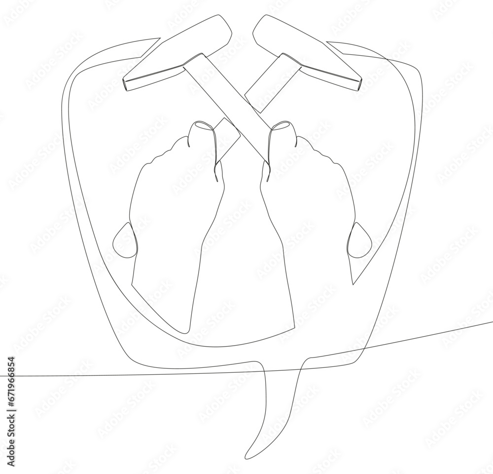 Poster one continuous line of speech bubble with hammer. thin line illustration tool vector concept. contou