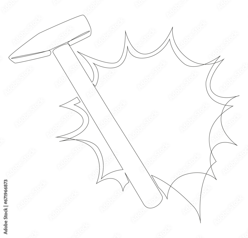 Poster one continuous line of speech bubble with hammer. thin line illustration tool vector concept. contou