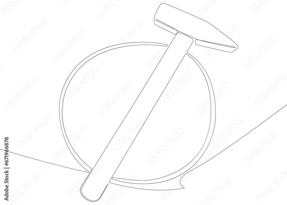 Poster one continuous line of speech bubble with hammer. thin line illustration tool vector concept. contou