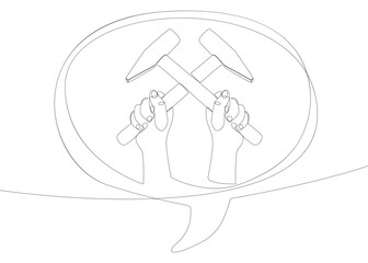 One continuous line of speech bubble with hammer. Thin Line Illustration Tool vector concept. Contour Drawing Creative ideas.