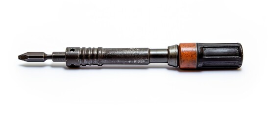 Ancient corroded screwdriver utilized with a dark plastic grip isolated on a white surface Concept of an inanimate item and an immovable instrument - obrazy, fototapety, plakaty