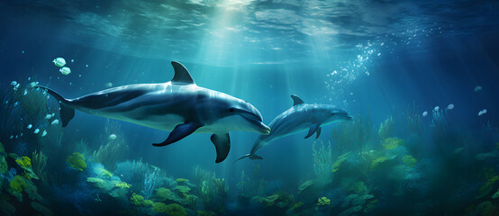 Fototapeta na wymiar Two dolphins swimming happily in the sea 5