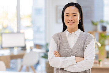 Business woman, face with success and happy, mockup space, vision and professional mindset with career goals. Employee with arms crossed, leader and corporate lawyer at law firm in Japan with growth - obrazy, fototapety, plakaty