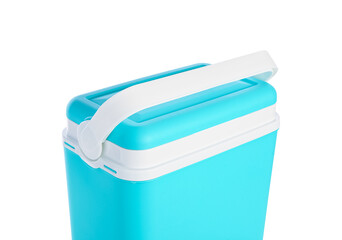 Modern beach cooler on white background, closeup
