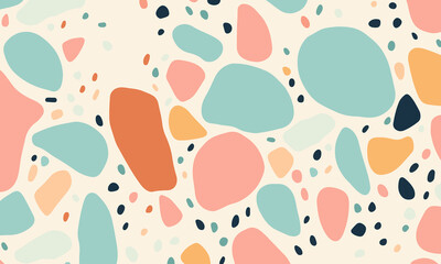 Abstract doodle design terrazo pattern with pastel background in the style of a 1970's handdrawn illustration