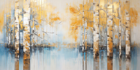 Abstract art acrylic oil painting of forest birch trees with gold details, reflection on water