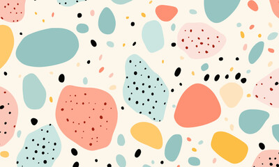 Abstract doodle design terrazo pattern with pastel background in the style of a 1970's handdrawn illustration