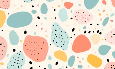 Rolgordijnen Abstract doodle design terrazo pattern with pastel background in the style of a 1970's handdrawn illustration © wanna