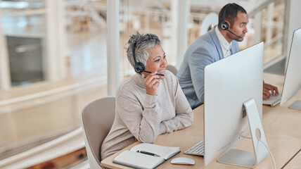 Computer, consulting and a senior woman in a call center for customer service, support or...
