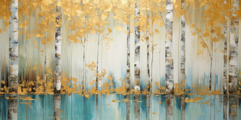 Abstract art acrylic oil painting of forest birch trees with gold details, reflection on water - obrazy, fototapety, plakaty