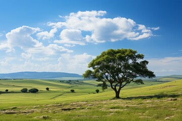 Lone tree atop a rolling green hill with a clear blue sky, Generative AI